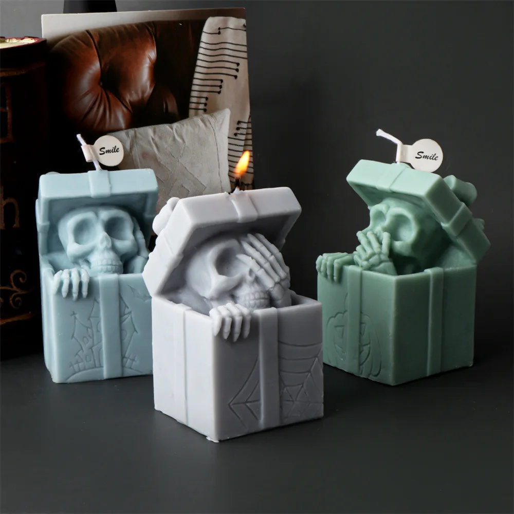 

Skull Head Gift Box Candle Silicone Mold Handmade Aromatherapy Candle Resin Mould Cake Chocolate Tool Halloween Decor Craft Gift