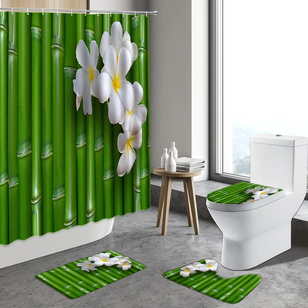 

Green Bamboo Shower Curtain Set Zen Stone Bath Mat Orchid Spa Plant Landscape Bathroom Decor Anti-Slip Rugs Toilet Cover Carpet