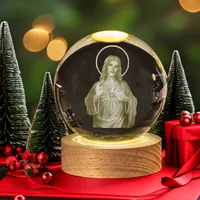 Unique Jesus 3D Crystal Ball Night Light with Wooden LED Base, Creative 3D Carved Crystal Ball Wholesale Craft Gift, Perfect for 1