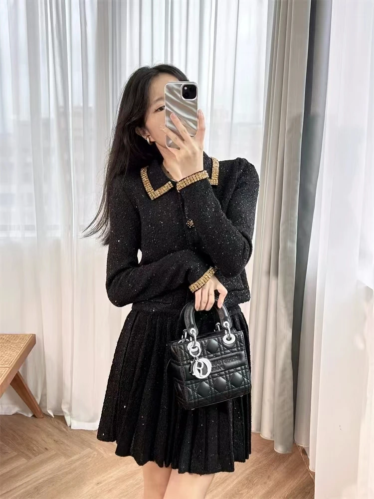 

New in Matching Sets Autumn New High-Grade Classic Style Sequined Lapel Cardigan Top Pleated Skirt Fashion Suit Two-piece Dress