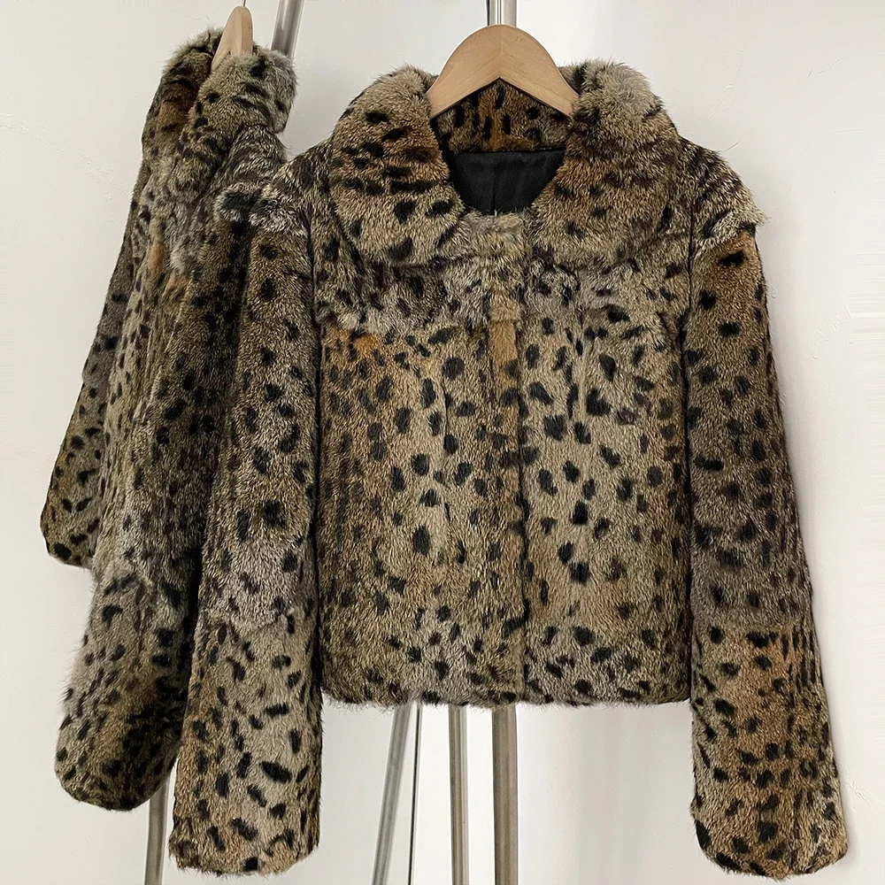 OFTBUY Peter Pan Collar Short Winter Natural Rabbit Fur Jacket Women Leopard Print Real Rabbit Fur Coat New Clothes Warm Female