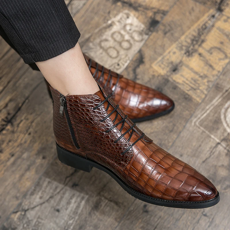 

Winter Boots Chelsea Men Boots Leather Boots Lace Up Ankle Boots Pointed Toe Low Heel Thick Sole Business Boots Plus Size 38-48