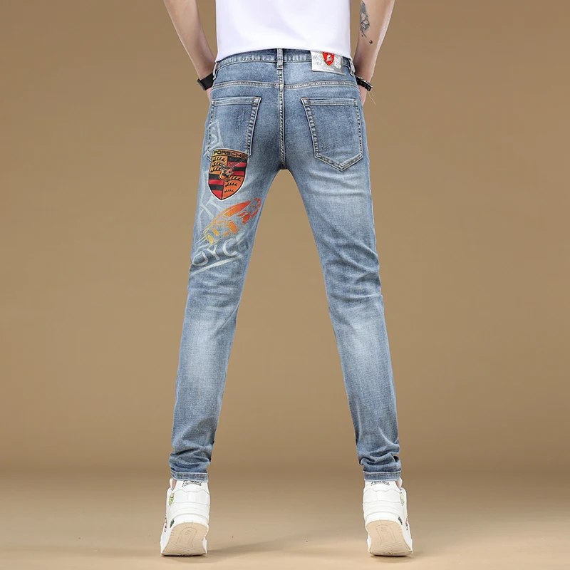 Spring and summer high-end printed jeans men embroidered fashion brand Stretch Slim Fit Ankle-tied trendy casual long pants men