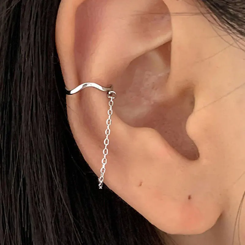 1Pcs Silver Color Fake Pierced Tassel Chain Ear Clip Without Hole Earrings For Women Geometry Irregular Ear Cuff Trend Jewelry ear clip earrings clip earrings ear clip