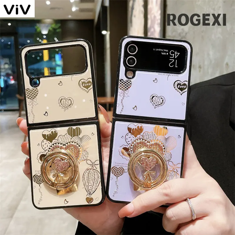 

Корейский Блестящий чехол для телефона с подставкой в форме сердца для Samsung Galaxy Z Flip 4 3 Z Flip3, милые Защитные чехлы для ZFlip4