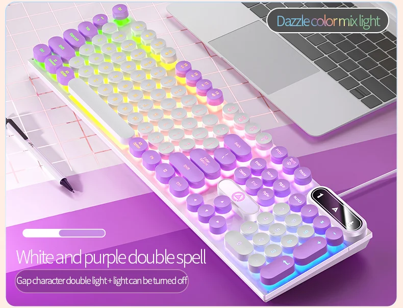máquina de escrever redonda teclas teclado de jogos com fio teclado cor correspondência backlit computador periféricos para desktop portátil