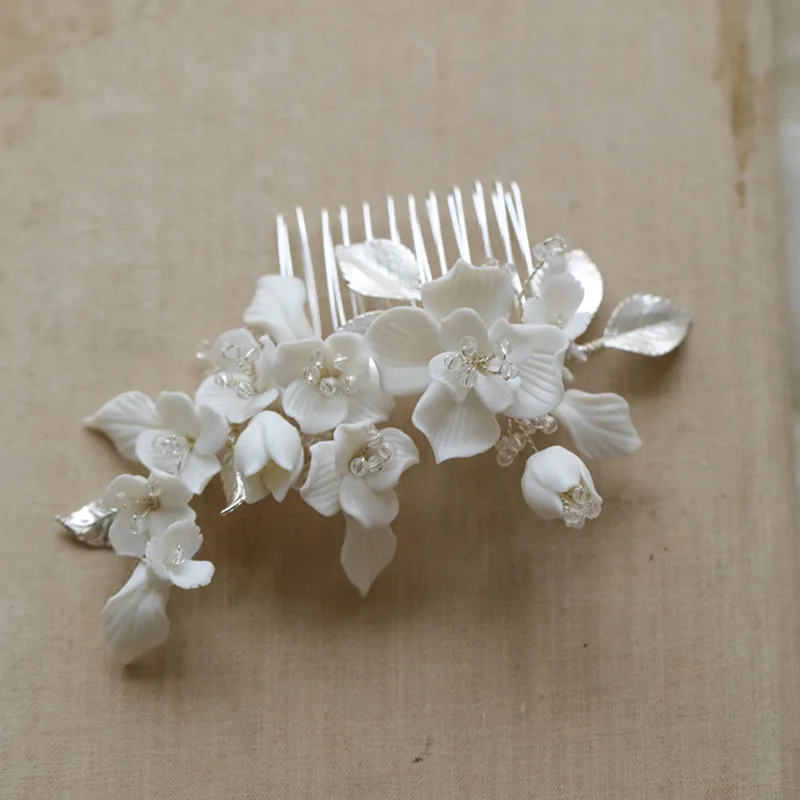 SLBRIDAL Handmade Freshwater Pearls Ceram Flower Bridal Hair Comb Earrings Set Wedding Headpieces Women Jewelry Hair Accessories