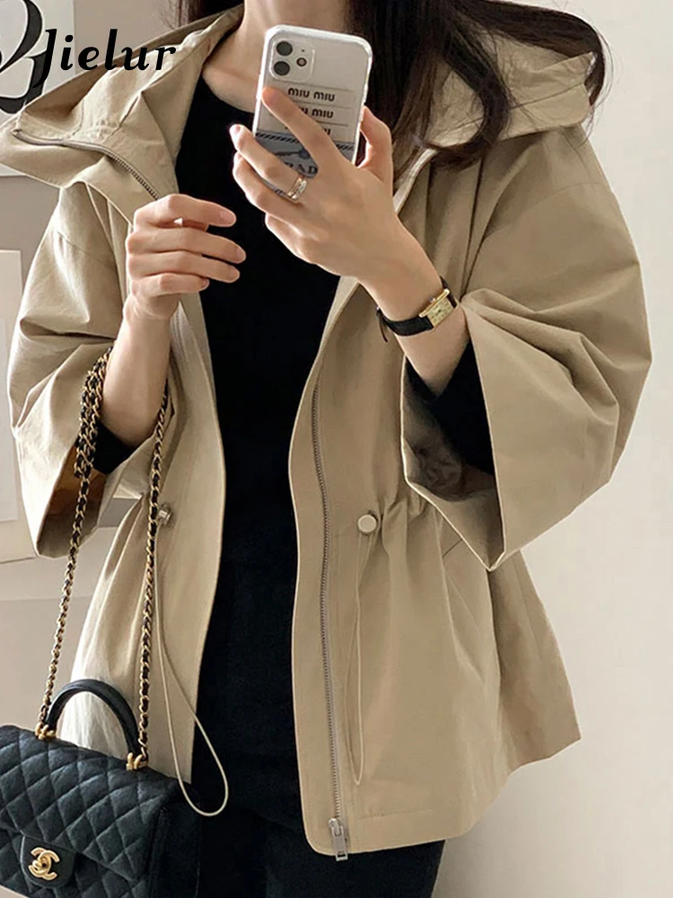 Jielur Khaki Hooded Slim Waist Chic Women Trench Autumn Casual Solid Color Fashion Zipper Drawstring Simple Basic Female Trench