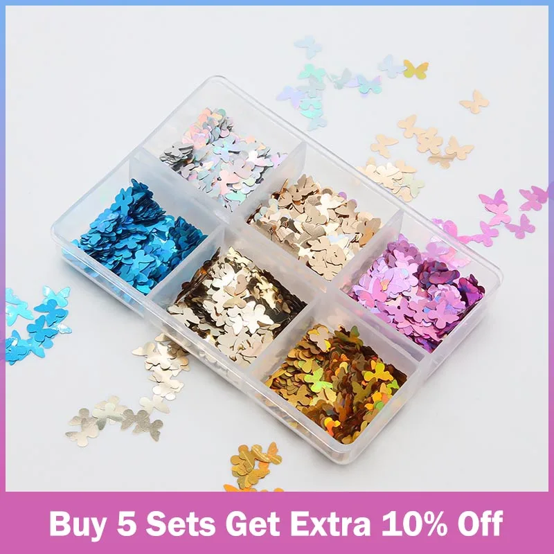 

6 Colors Butterfly Nail Sequins Paillette Heart Sparkly 3D DIY Slice Decoration Art Holographic Flakes Manicure Glitter Sparkles