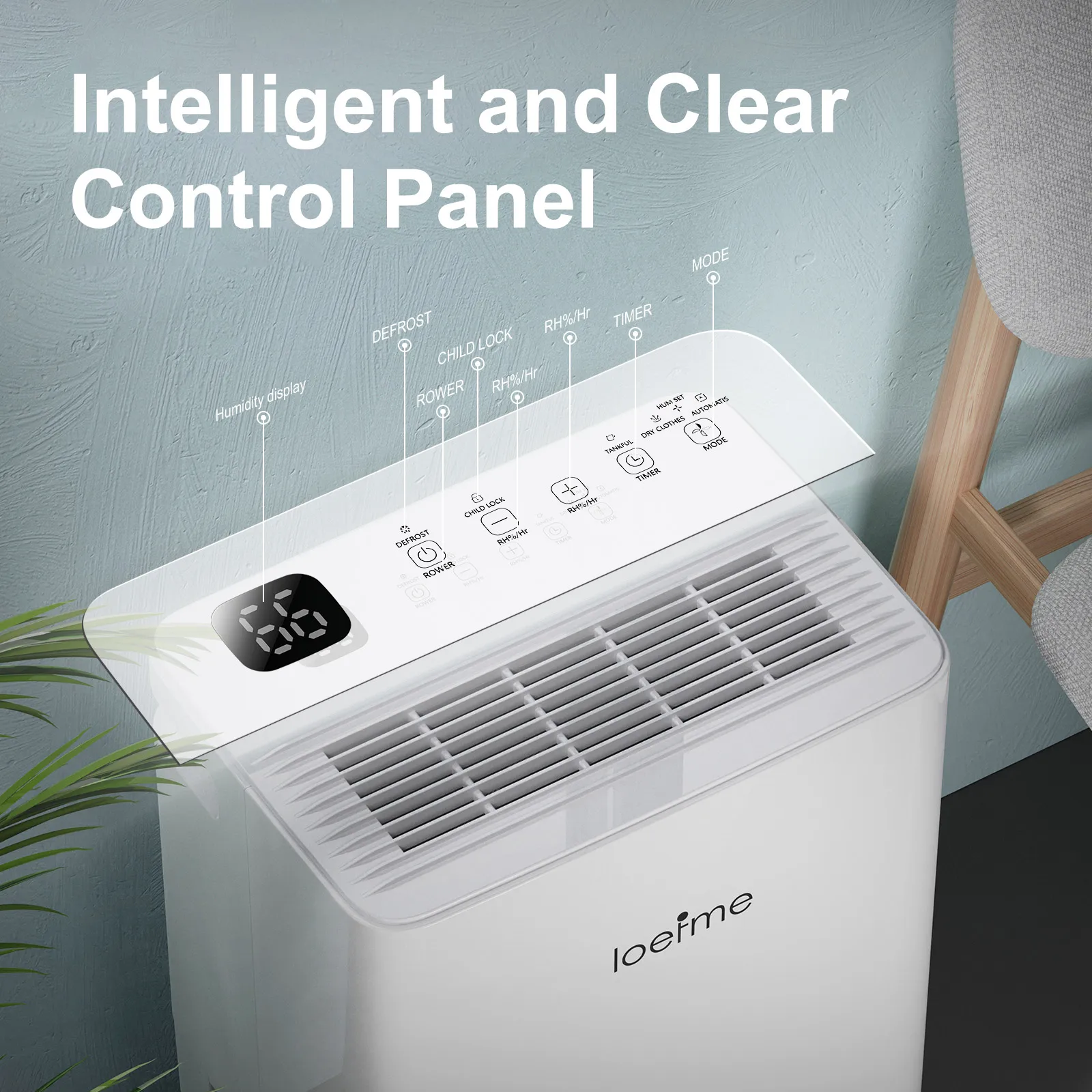 Déshumidificateur électrique LOEFME, 16 L/jour, déshumidificateur d'ambiance avec capteur d'humidité, pour 45 m3 (15 m2), économie d'énergie, tuyau de vidange de 3 m 5