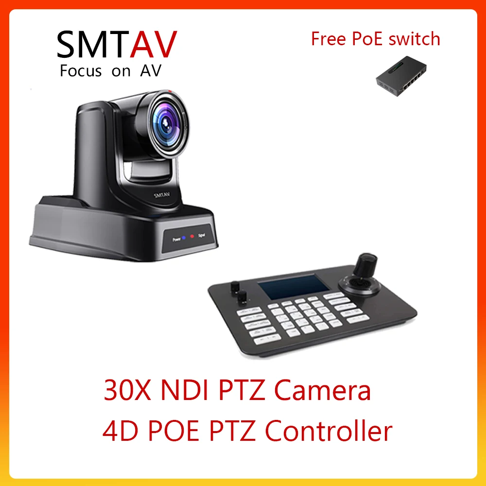 SMTAV POE NDI PTZ Camera 30x+8x For Church Business Meeting And 4D POE Joystick Network PTZ Controller