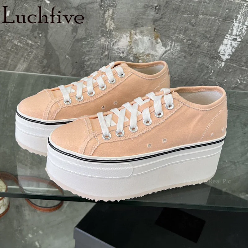 

2023 New Canvas Platform Round Toe Lace Up Flats Women's Shoes Brand Thick Sole Casual Walking Shoes Mujer
