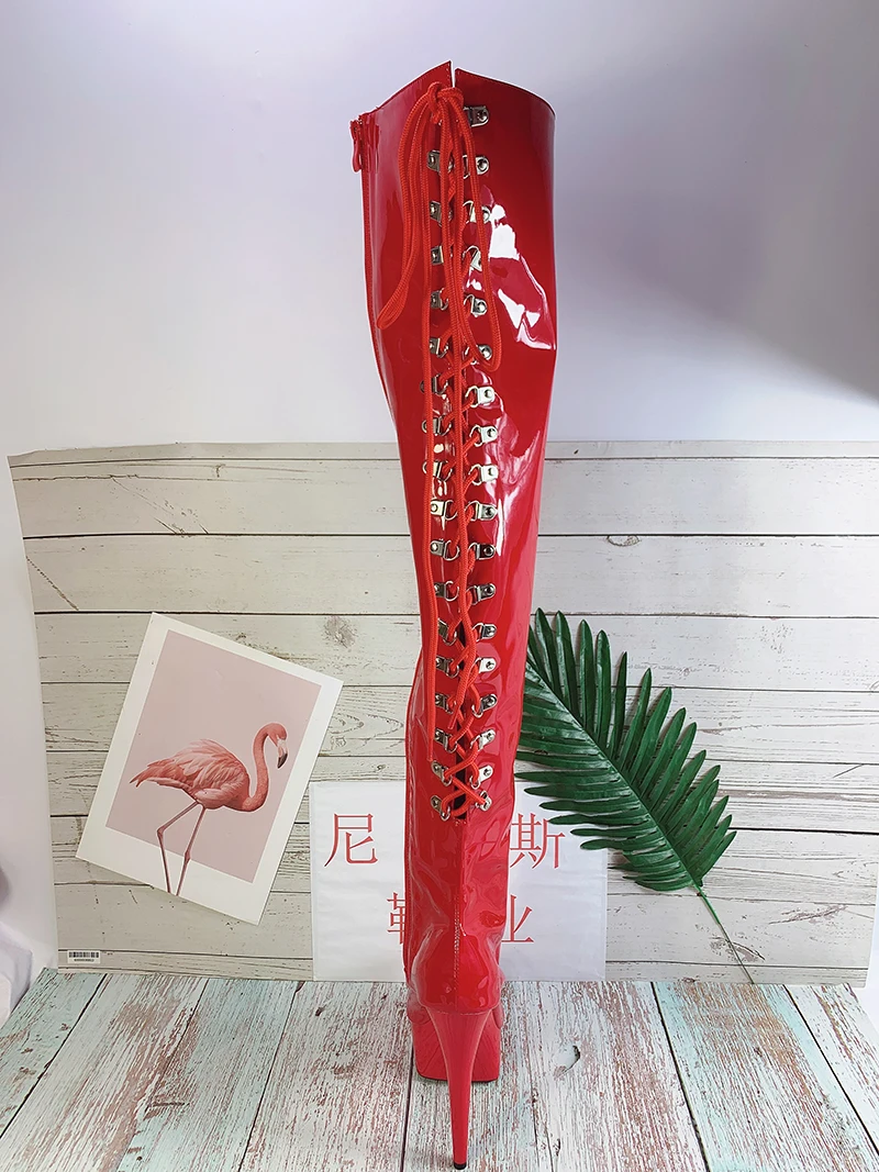 LAIJIANJINXIA 여성용 PU 하이힐, 무릎 위 부츠, 가을 겨울 패션, 15cm 허벅지 섹시 댄스 슈즈, 신상