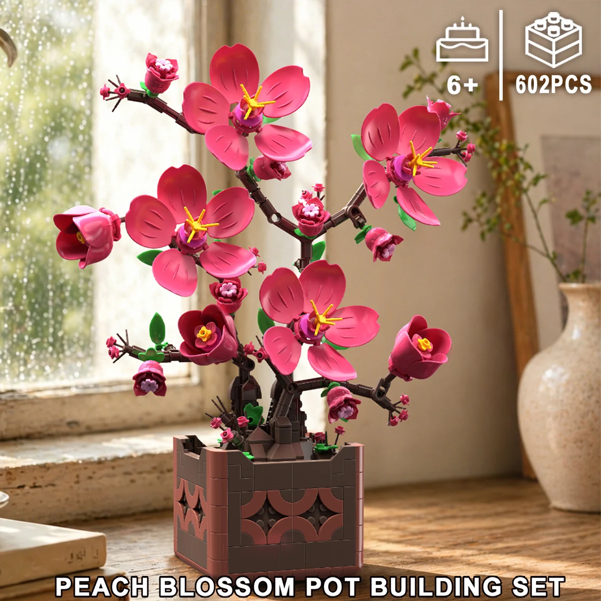 Pink Peach Blossom Potted Plant Building Block Flower Model Puzzle Toys Sets New Year Christmas Birthday Gifts