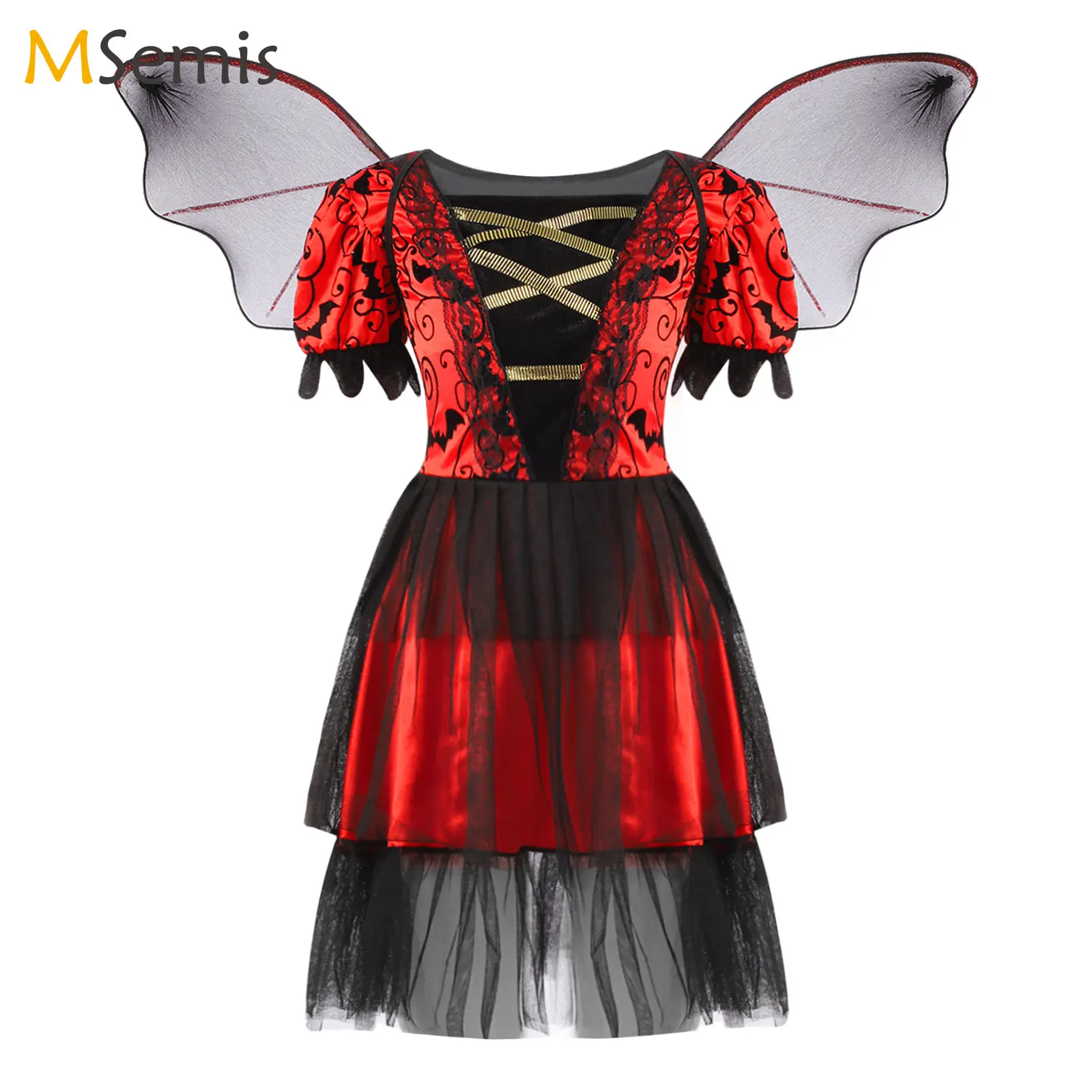 

Kids Girls Halloween Cosplay Witch Vampire Role Play Performance Costume Lace-up Bat Print Mesh Dress with Wings Witch Outfit