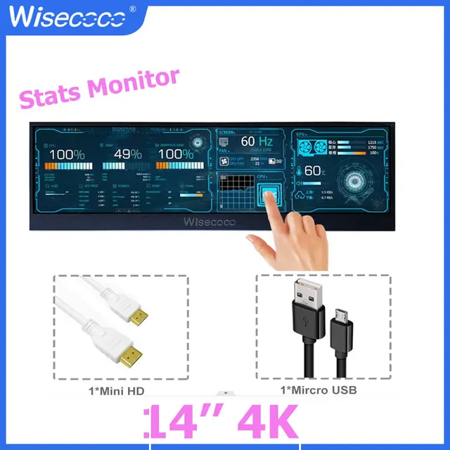 WISECOCO 휴대용 모니터 터치 울트라 와이드 Aida64 LCD 디스플레이, 노트북 PC용, 듀얼 라즈베리 파이 Win7 8 10, 14 인치, 3840×1100, 4k