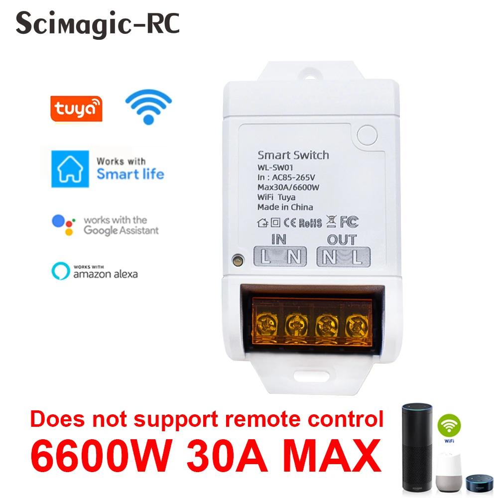 

1-10PC Tuya Smart Relay 30A 6600 Вт переменного тока 85-265 В DIY Модуль для включения / выключения света и устройства Приложение Таймер дистанционного управления Google Home Alexa