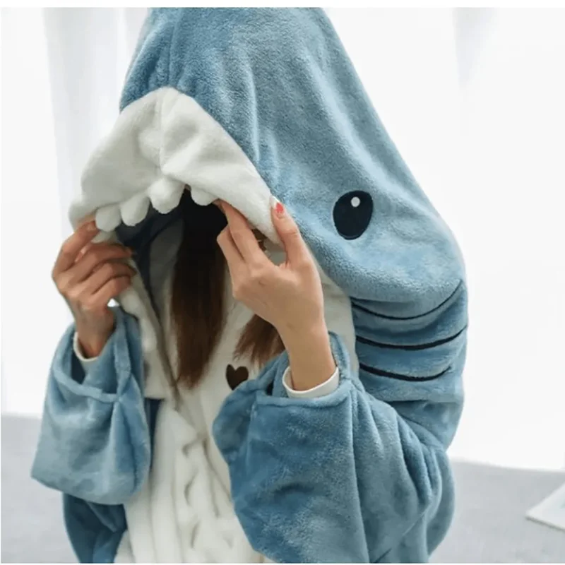 Flannel pajamas cartoon funny shark one-piece office lunch warm sleeping bags plush hoodies fish role-playing costumes