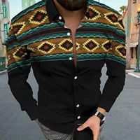 Ethnic Shirt Men Long Sleeve Aztec Geometric Printed Western Ethnic Shirts Streetwear Casual Top Vintage Shirts Button Blouse - Image 2