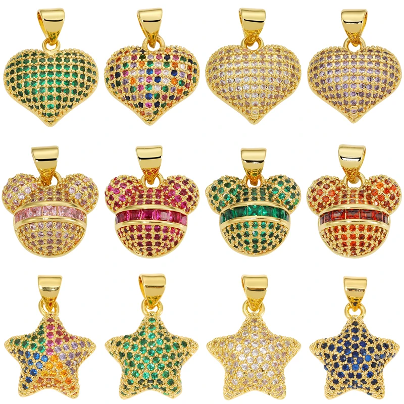 

JUYA 2022 New Full Cubic Zirconia Love Heart Mouse Star Charm Pendant Bases Gold Color Necklace Pendants DIY Jewelry Accessories