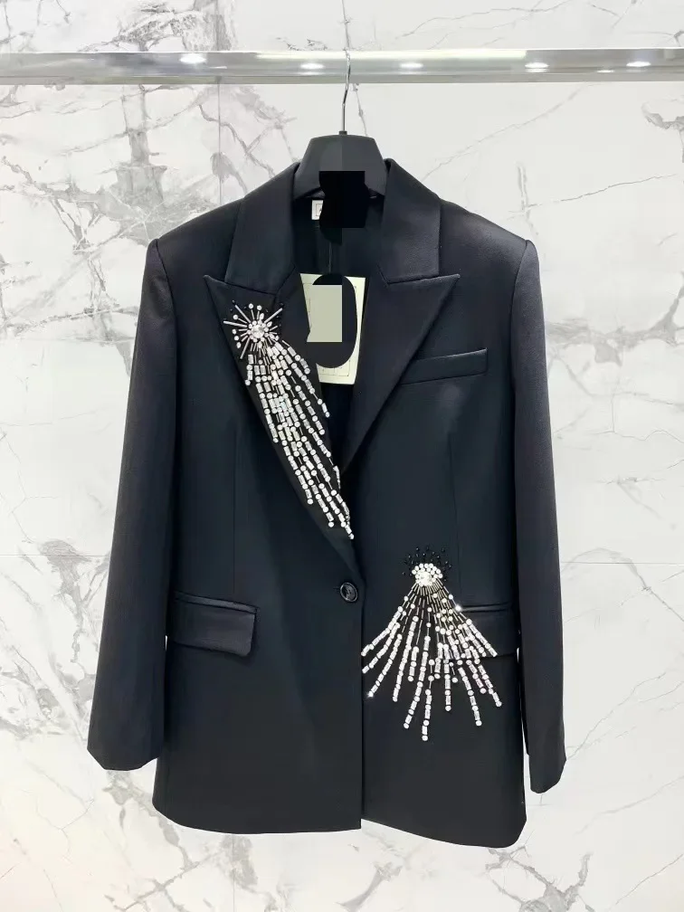Ladies Blazer  Luxury Rhinestone Office Business Wedding  Exquisite Elegant Suit Single Top