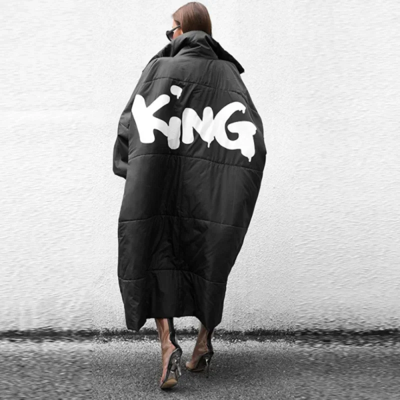 

Зимнее Модное Длинное свободное черное хлопковое пальто с буквенным принтом, женская зимняя куртка