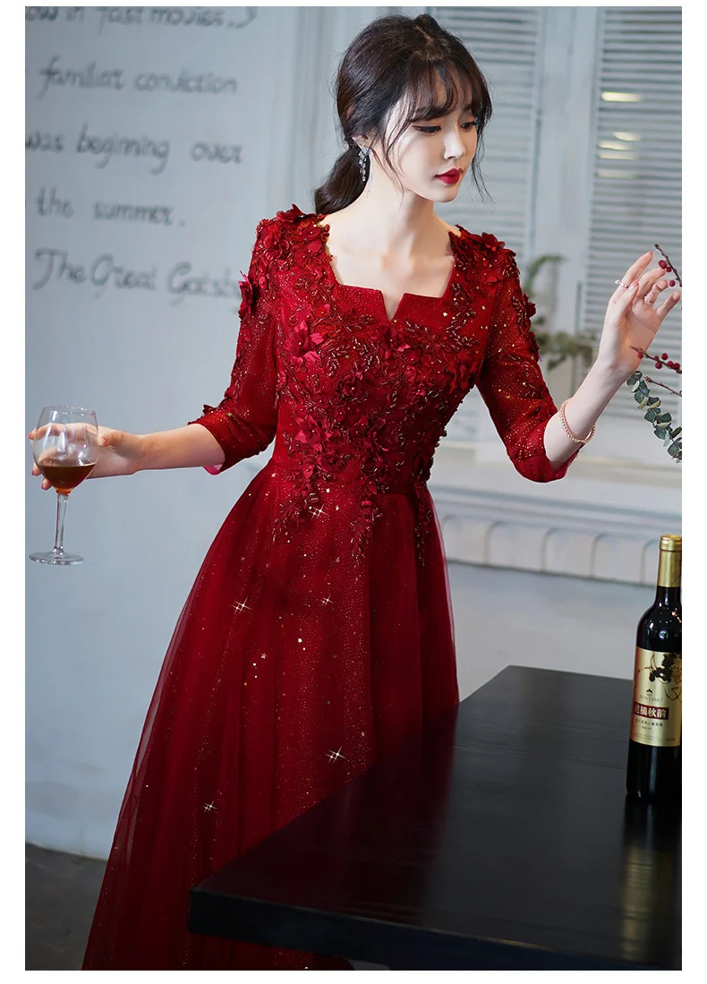 Wine Red Modest Evening Dresses With 3/4 Sleeves 2021 Luxury Appliques A-line Floor-length Women Formal Gowns For Wedding Party black evening dresses