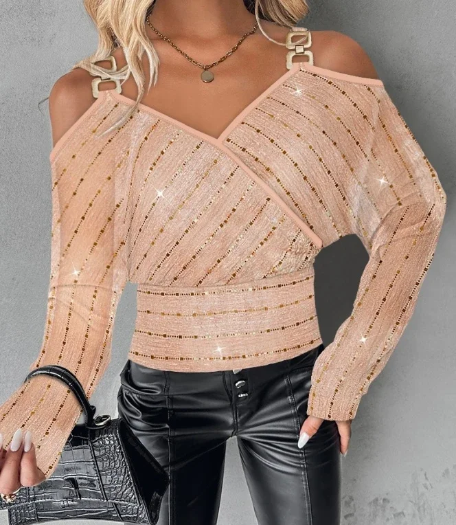 

Fashion Women Long Sleeve Top Cold Shoulder Sequin Mesh T-shirt Women's Casual Plain Pullover Blouse Streetwear New 2024 Spring