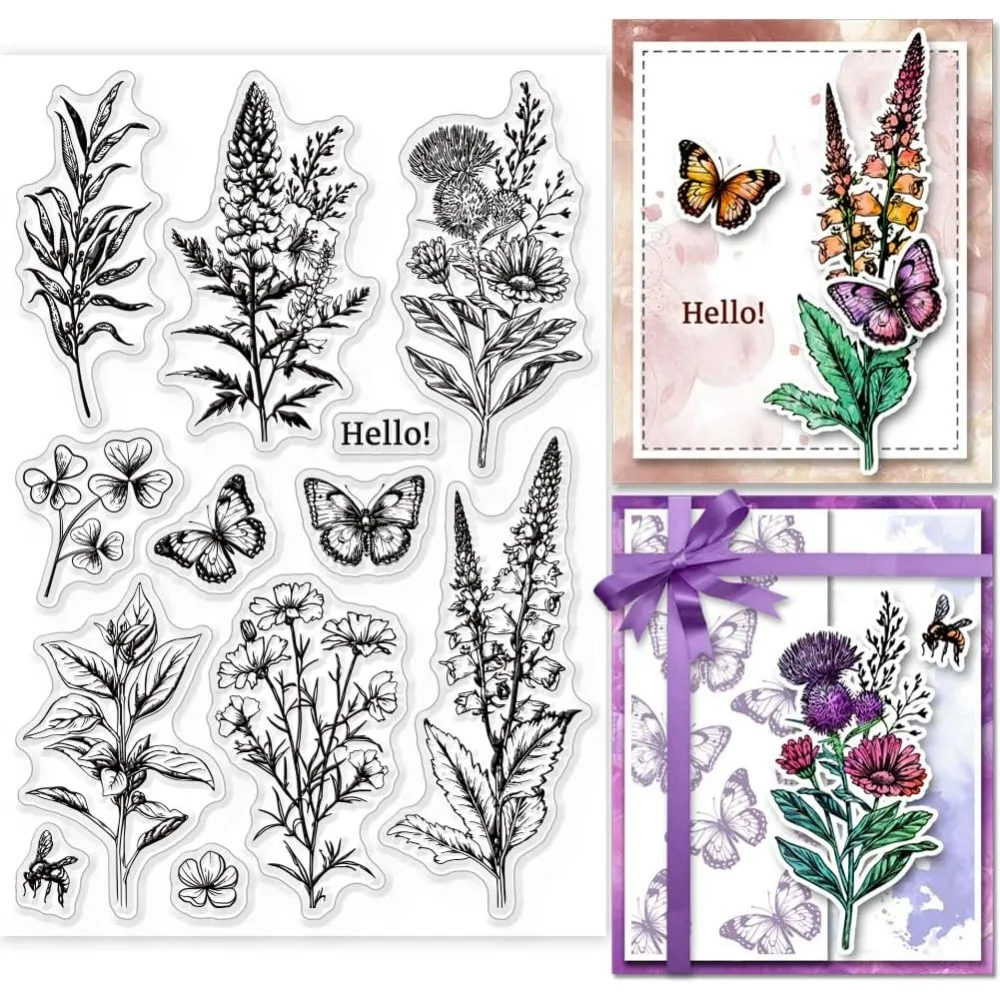 Klare Stempel mit Blumenzweig-Pflanzen für Kartenherstellung, Blumen und Gras, transparente Silikonstempel, Siegel, transparente Stempel für Heimwerker