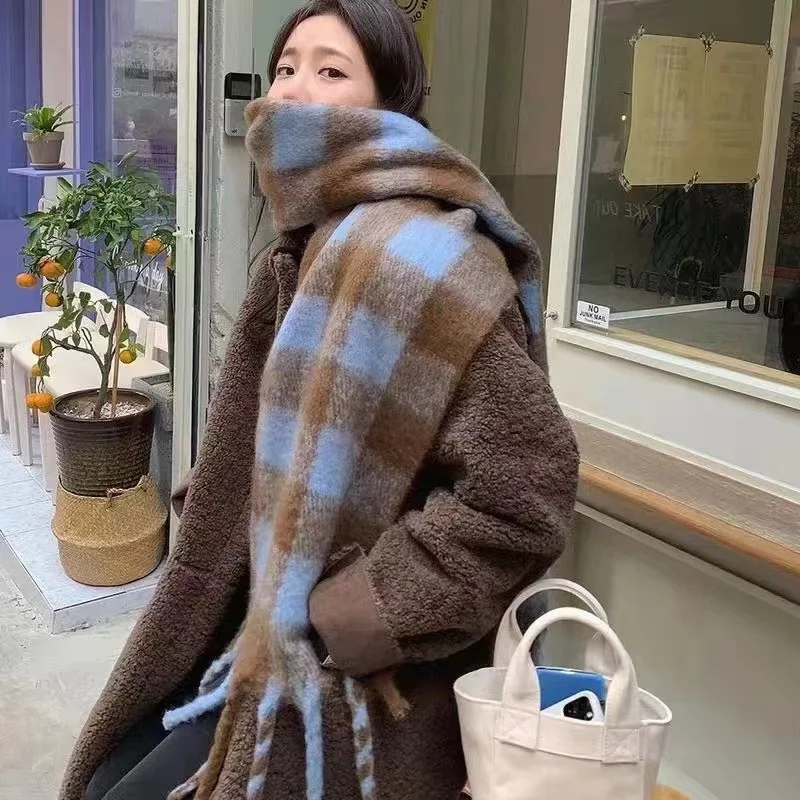 

Winter Cashmere Plaid Scarf Warm Thickened Korean Style Shawl Mohair Plush