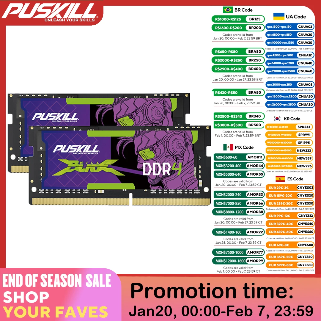 thumbnail image 1 of 2 piezas de memoria RAM PUSKILL DDR4 de 16 GB, 8 GB, 4 GB, 3200 MHz, 2666 MHz, 2400 MHz, 260 pines Sodimm para portátiles, 1 of 5
