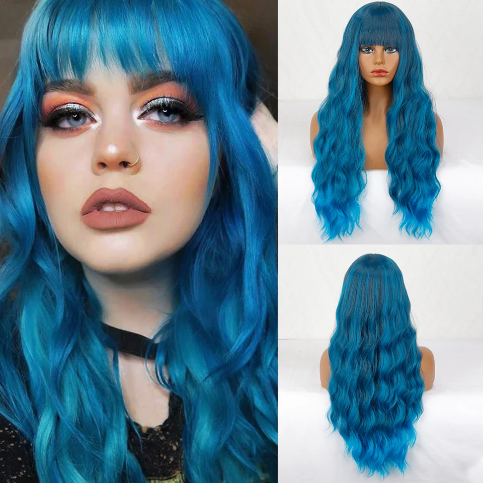 Long Wavy Wigs Synthetic Wigs Ombre Blue Wig with Bangs High Temperature Fiber for Black White Women Afro Cosplay Party Daily