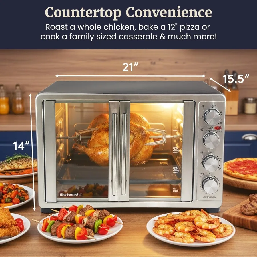 ETO-4510M French Door 47.5Qt 18-Slice Convection Oven 4-Control Knobs Bake Broil Toast Rotisserie Keep Warm Includes 2 x 12 Piz