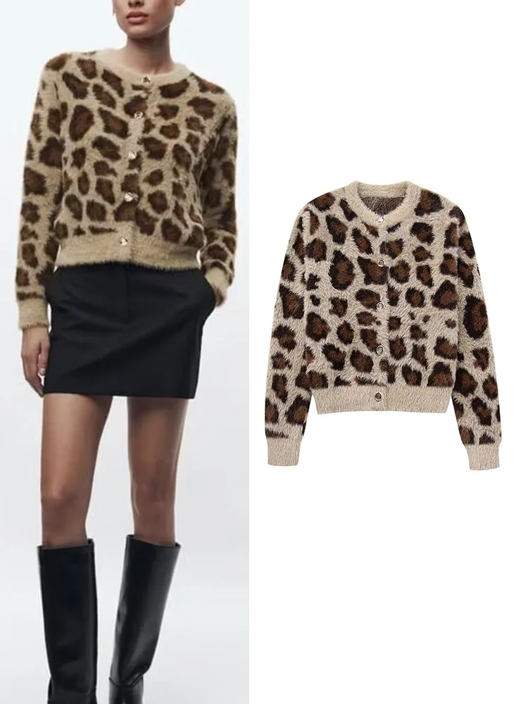 

TRAF Fashion Leopard Printed Women Autumn Winter Knitted Cardigan Female Long Sleeve Soft Sweater Coat 2023 Chic Street Knitwear