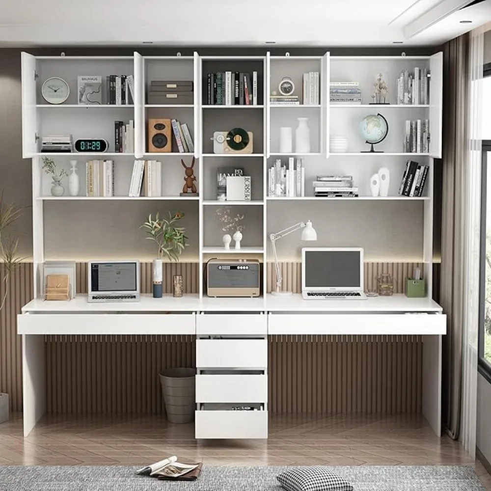 2-in-1Computer Desk for2Person with 82.7" Tall Bookshelf&3-Color Lights,90.6"L-Office Desk with4Drawers,14Shelves&6 Glass Doors 3