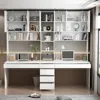 2-in-1Computer Desk for2Person with 82.7" Tall Bookshelf&3-Color Lights,90.6"L-Office Desk with4Drawers,14Shelves&6 Glass Doors 3