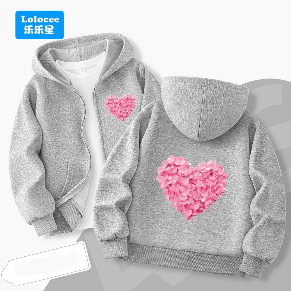 الفتيات الأزهار القلب طباعة سترة الكرتون موضة عادية كم طويل بلايز ملابس خارجية طفل الخريف ارتداء لطيف سستة هوديس AXMG1