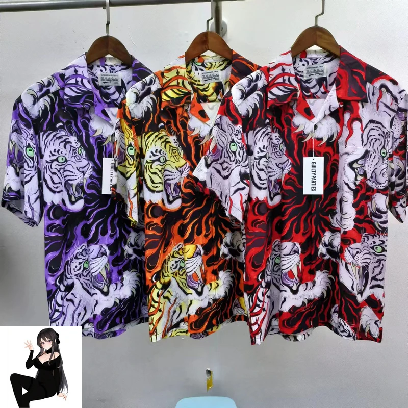 

Red Orange Purple Wacko Maria Tiger Roal Flame Print Shirt Men Women High Quality Hip Hop Casual Short Sleeve T-Shirt Japan