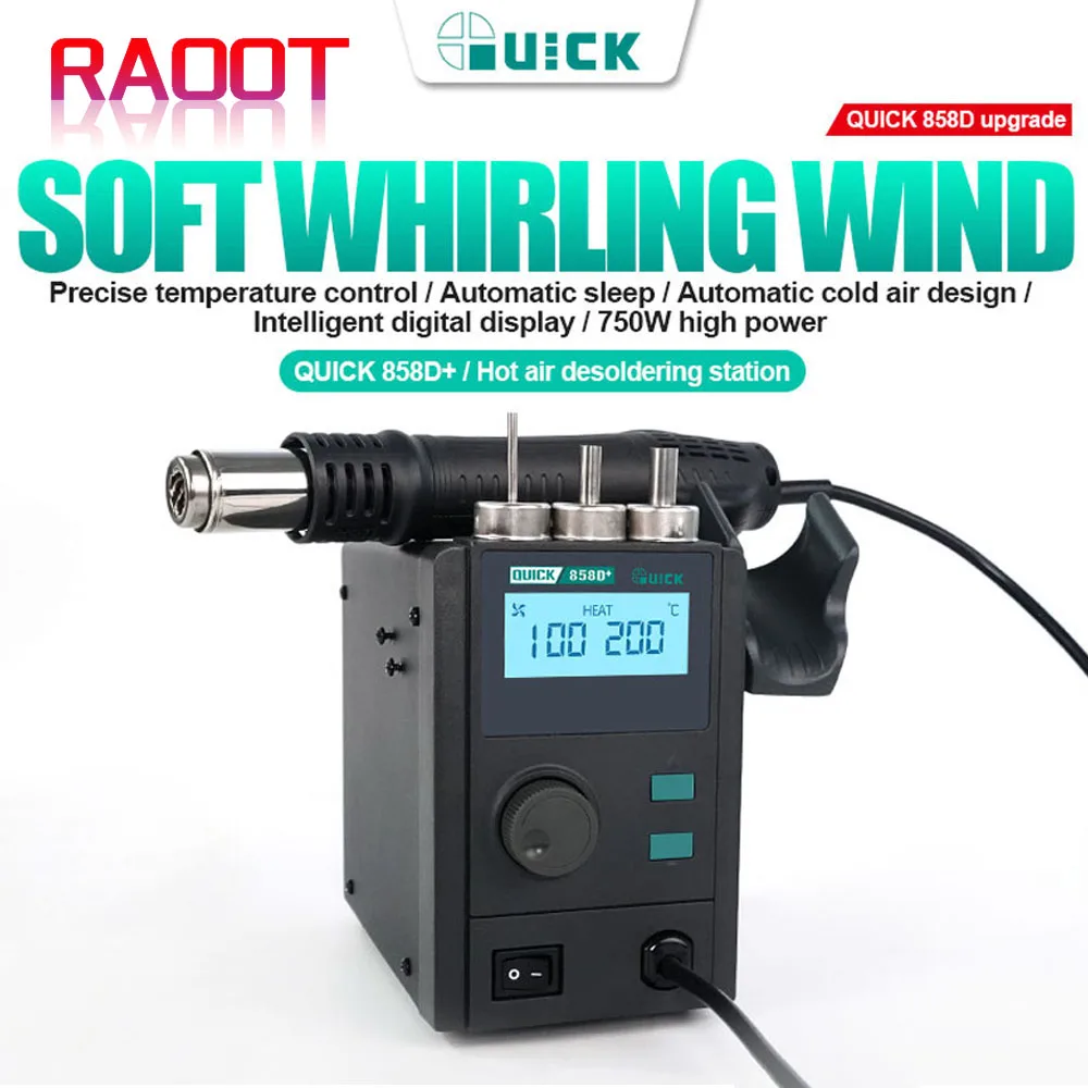 

QUICK 858D+ Hot Air Soldering Station 110V/220V LED Digital Display Soft Wind Heat Gun SMD BGA Soldering and Rework Station tool