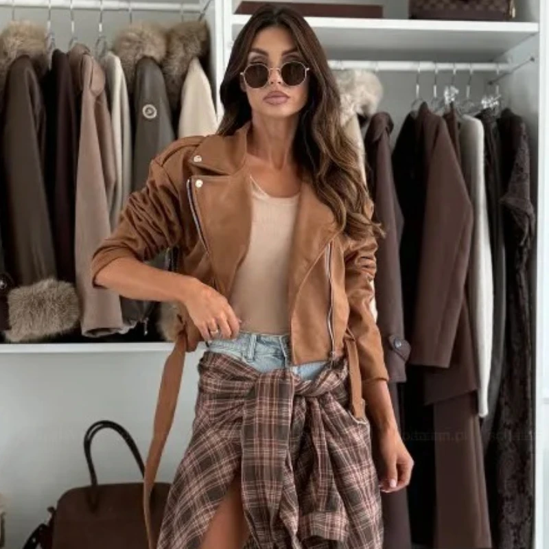 New Autumn Women's Clothing Turn-down Collar Long Sleeve Jacket Fashion Zipper Cardigan Lace Up Short Solid Color Jacket Top