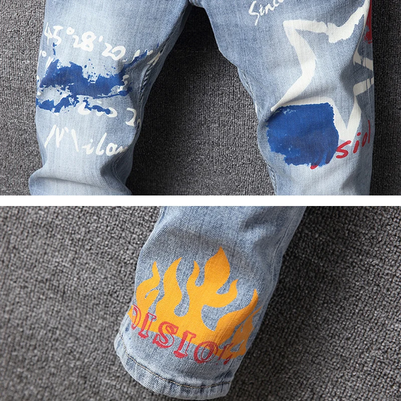 Street Fashion Men Jeans High Quality Retro Light Blue Slim Fit Printed Designer Jeans Men Hip Hop Denim Skinny Pants Hombre