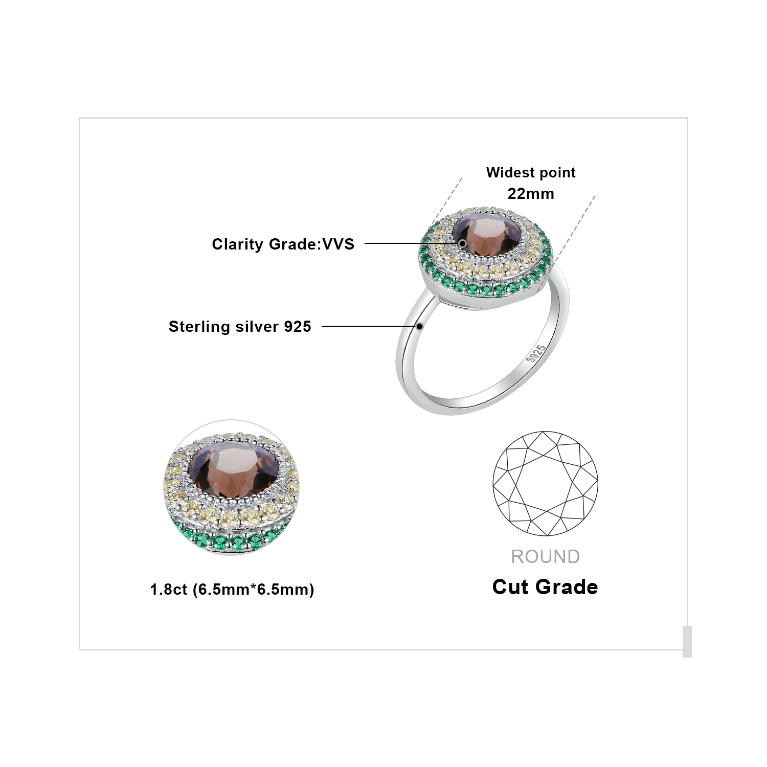 JewelryPalace 여성용 아보카도, 내추럴 스모키 쿼츠, , 칵테일 링, 여성 패션, 고급 선물, 2.2ct, 신상
