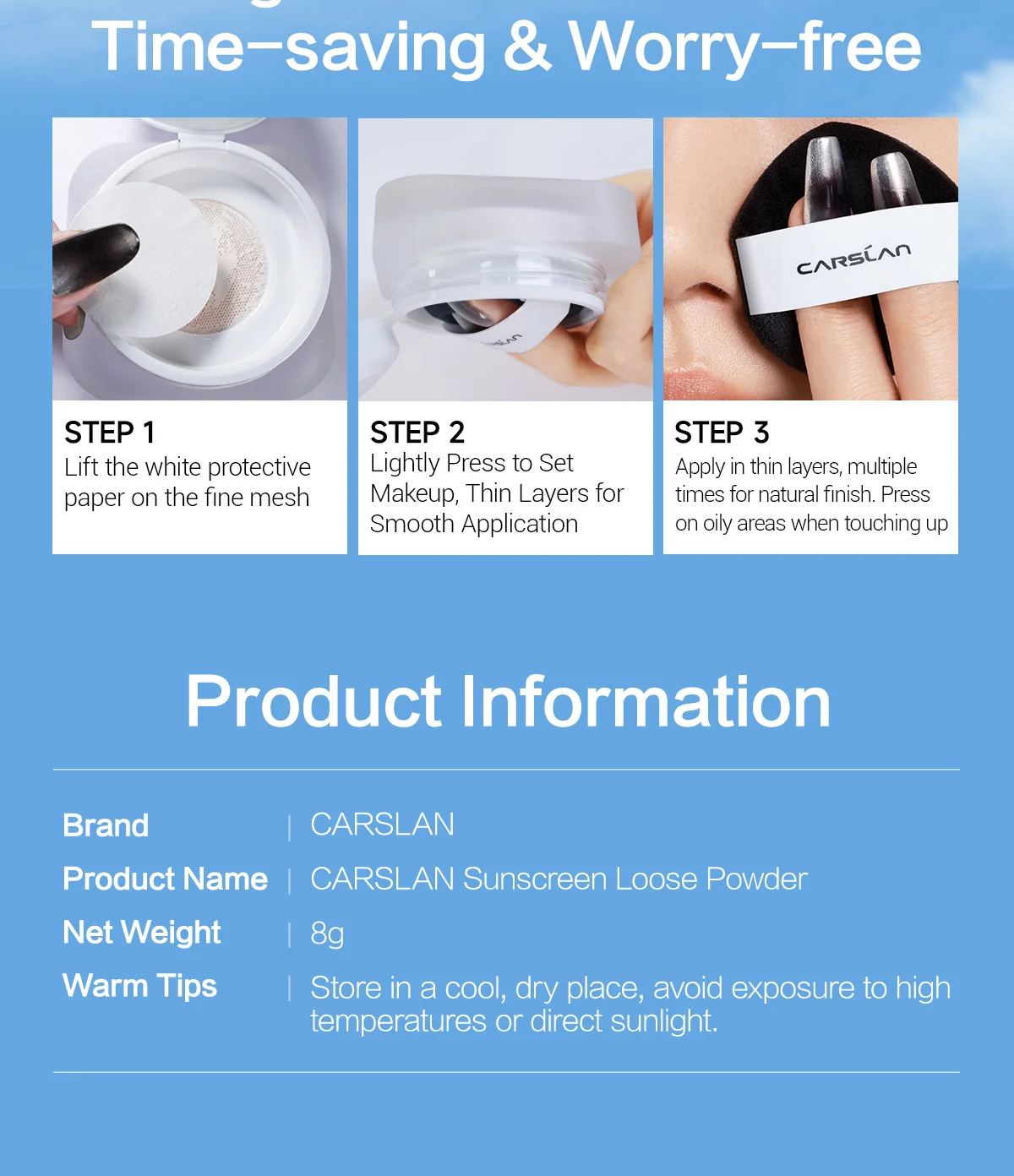 CARSLAN Cloud Touch Soft Focus Sunscreen Loose Setting Powder SPF 40 24H Longlasting Waterproof Sweatproof Face Powder Makeup