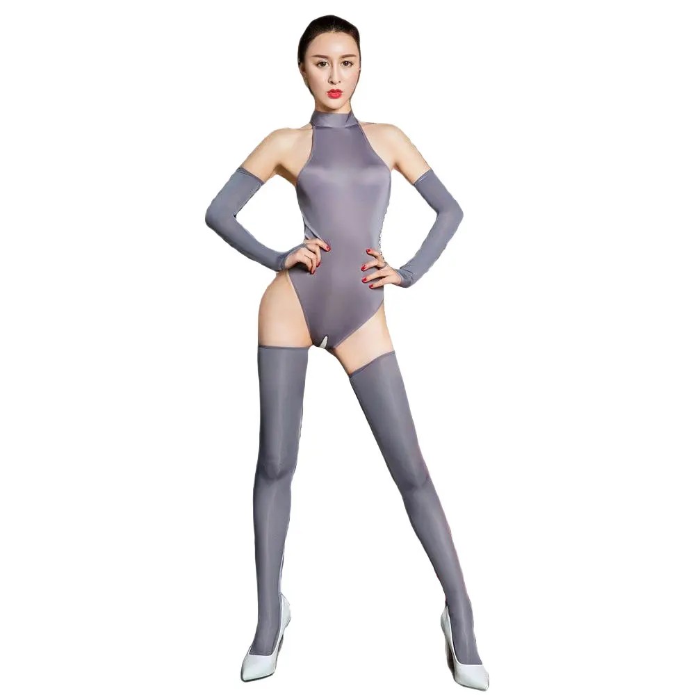 

5PCS/Set Ice Silk Shiny High Cut Bodysuit Turtleneck Open Crotch Erotic Lingerie Sexy Tight Catsuit with Glove Stocking