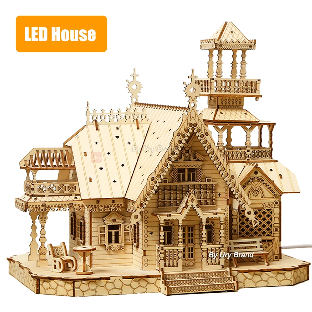 3d Wooden Puzzle Villa House Royal Castle With Light Assembly Toy For