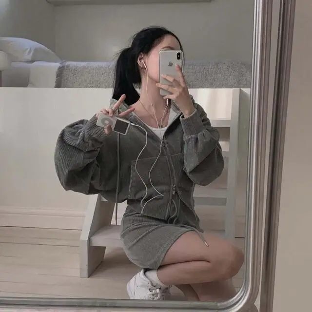 Korean CHic Corduroy Two-piece Skirt Sets Women Hoodie Crop Top Coats Bodycon Mini Skirt Autumn Winter New Outfits Casual Suit