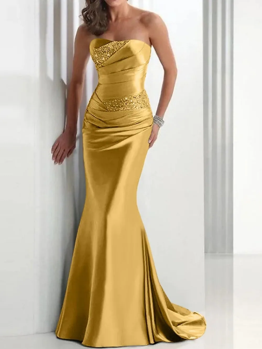 

Mermaid Satin Long Mother of Bride Dress Elegant Gray Wedding Guest Formal Sweetheart Lace Up Court Train Mother of Groom Dress