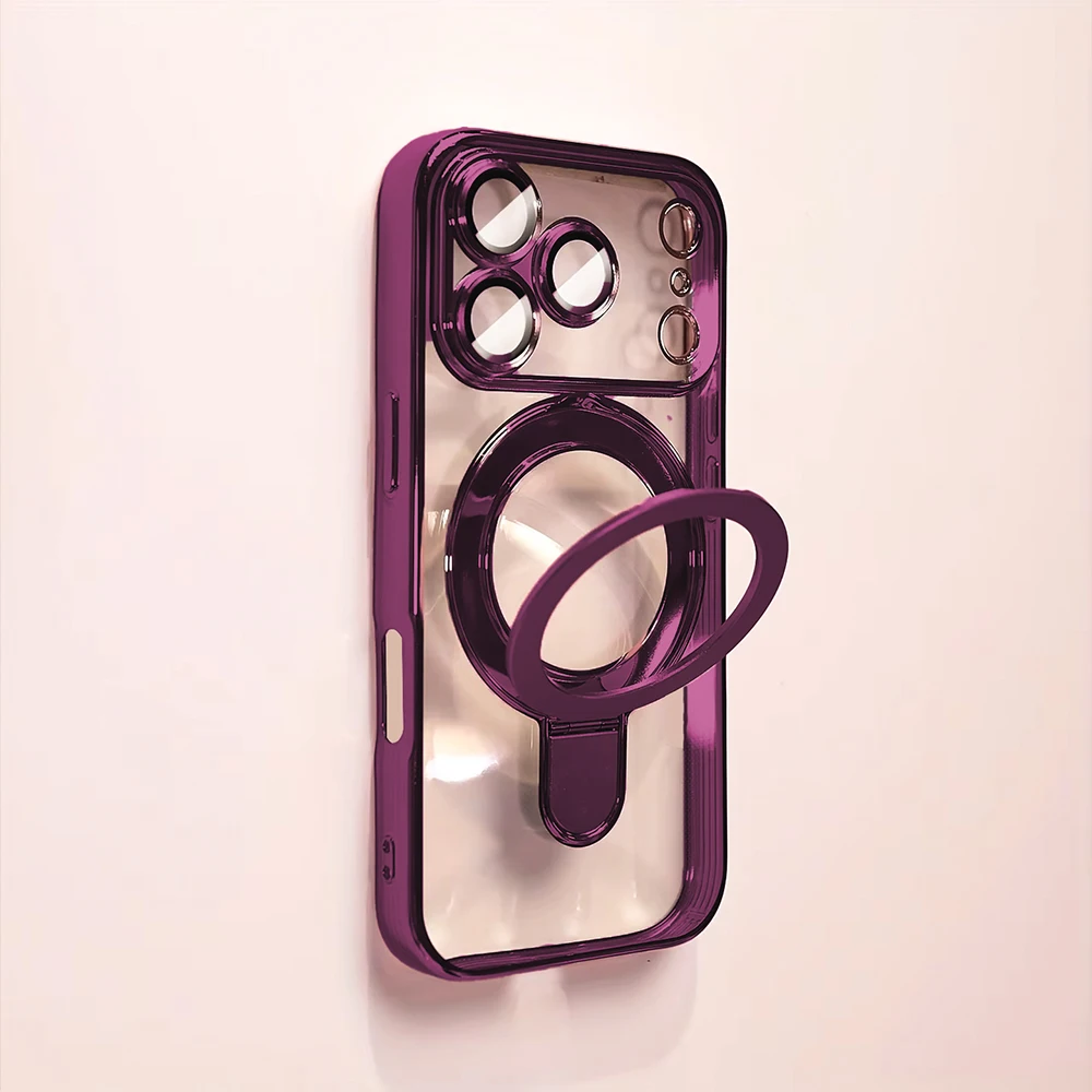 Transparent Wireless Charging Magnetic Case with Lens Protection and Bracket Back Cover