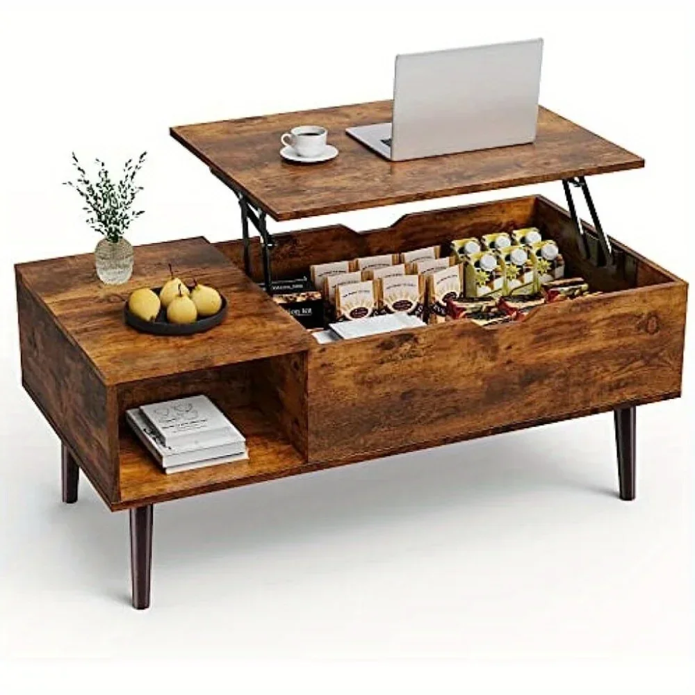 Wood Lift Top Dining Tabletop Home Office Coffee Tea Table with Adjustable Shelf