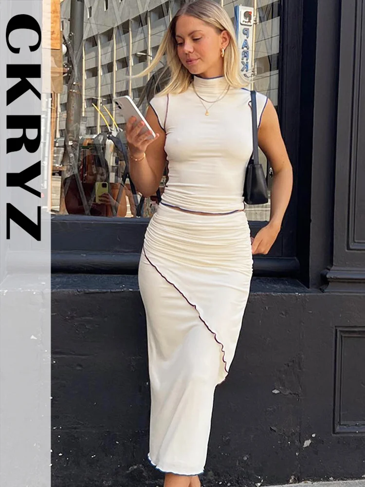 

Ladies Sexy Club Wear Y2K Summer Fastival Outfits For Women 2 Pieces Sleeveless Crop Top And Long Skirt Set Vacation Streetwear